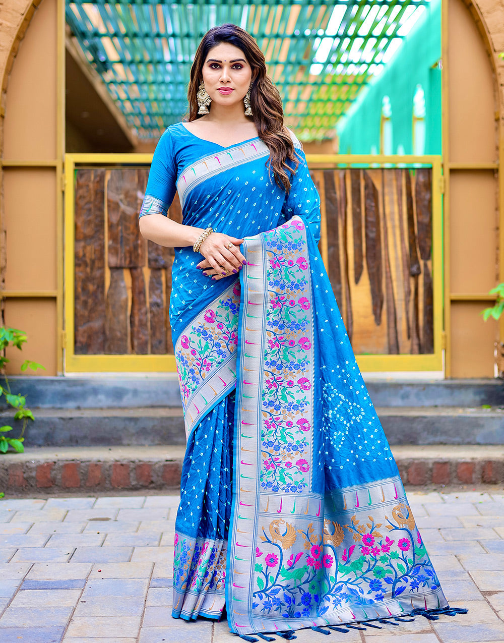 Azure Blue Paithani Silk Bandhani Saree With Zari Weaving Work