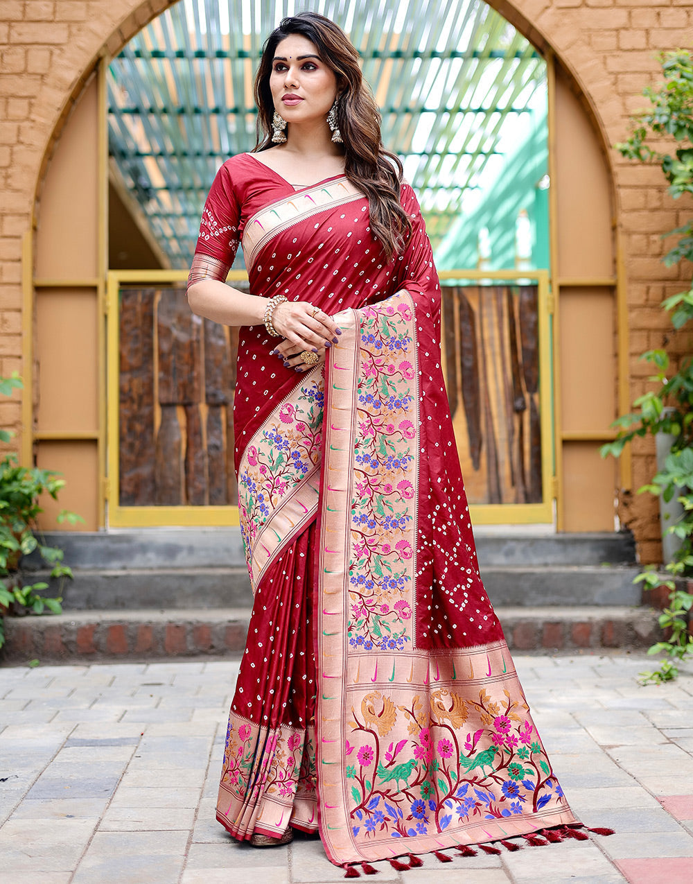 Maroon Paithani Silk Bandhani Saree With Zari Weaving Work