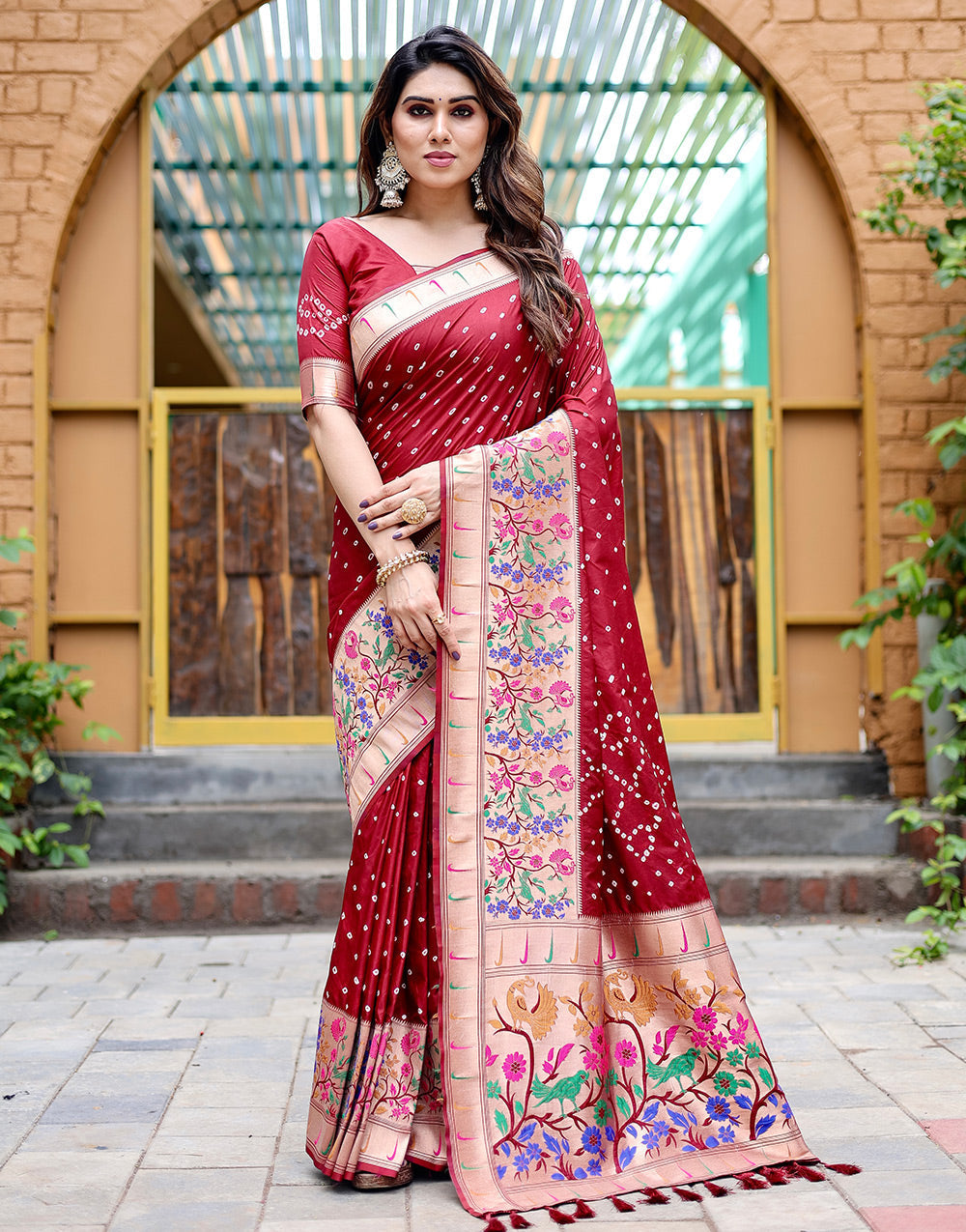 Maroon Paithani Silk Bandhani Saree With Zari Weaving Work