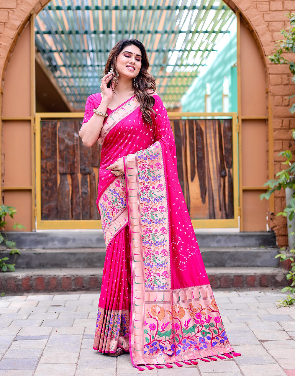 Bright Pink Silk Bandhani Saree With Zari Weaving Work