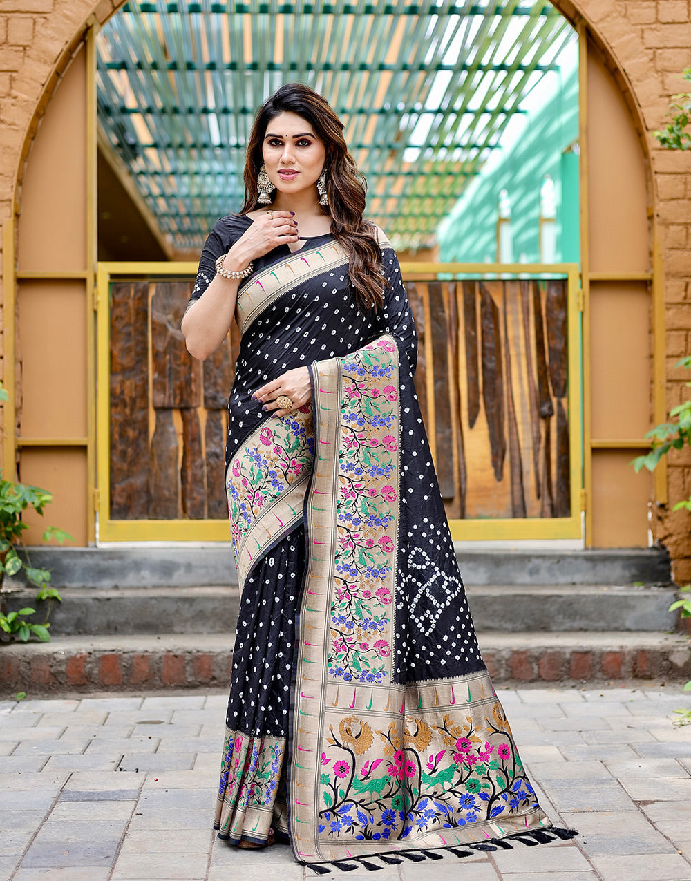 Black Paithani Silk Bandhani Saree With Zari Weaving Work