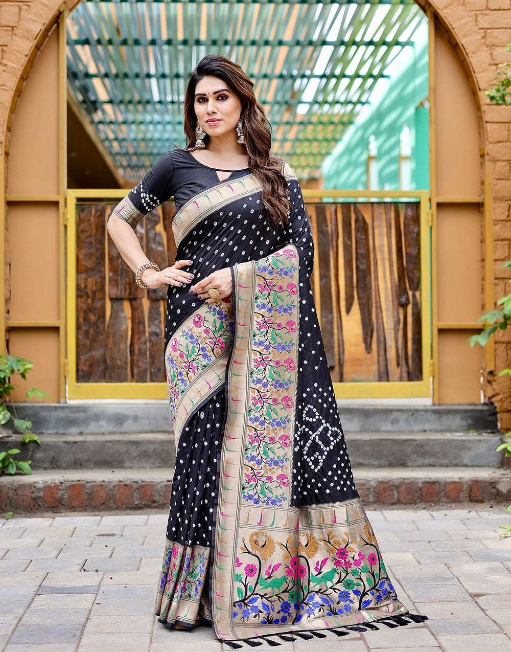 Black Paithani Silk Bandhani Saree With Zari Weaving Work