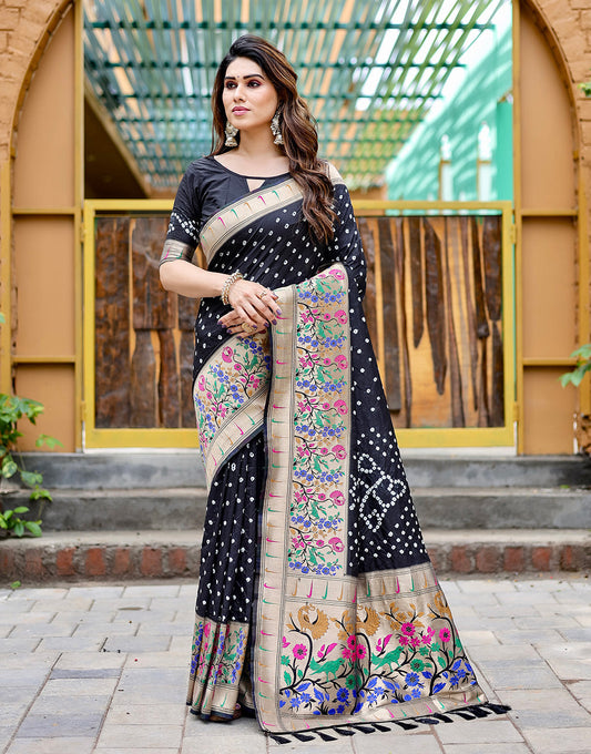 Black Paithani Silk Bandhani Saree With Zari Weaving Work