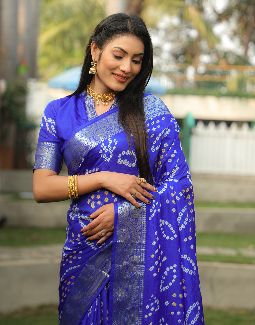 Blue Bandhej Silk Saree With Weaving Work