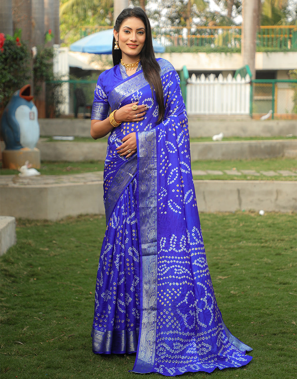 Blue Bandhej Silk Saree With Weaving Work