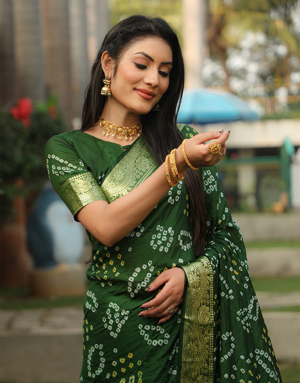 Juniper Green Bandhej Silk Saree With Weaving Work