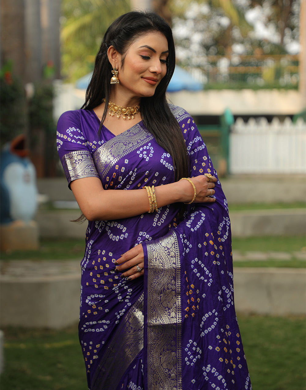 Deep Violet Bandhej Silk Saree With Weaving Work