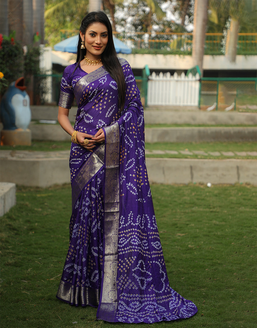 Deep Violet Bandhej Silk Saree With Weaving Work