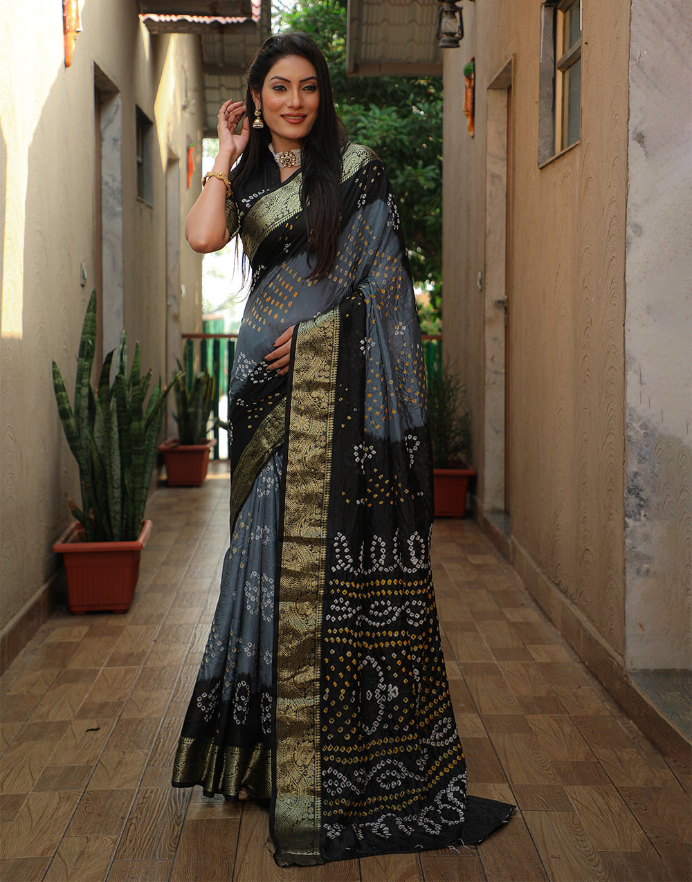 Gary Black Bandhej Silk Saree With Weaving Work