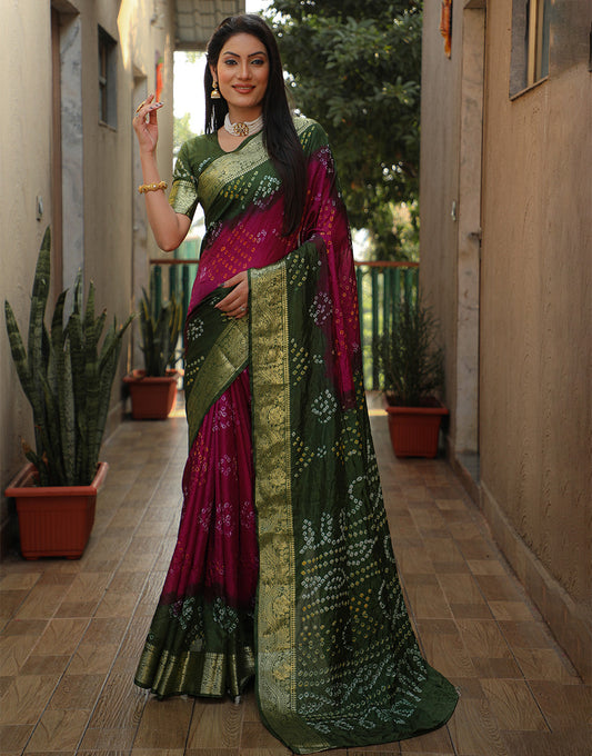 Mehndi & Berry Magenta Bandhej Silk Saree With Weaving Work