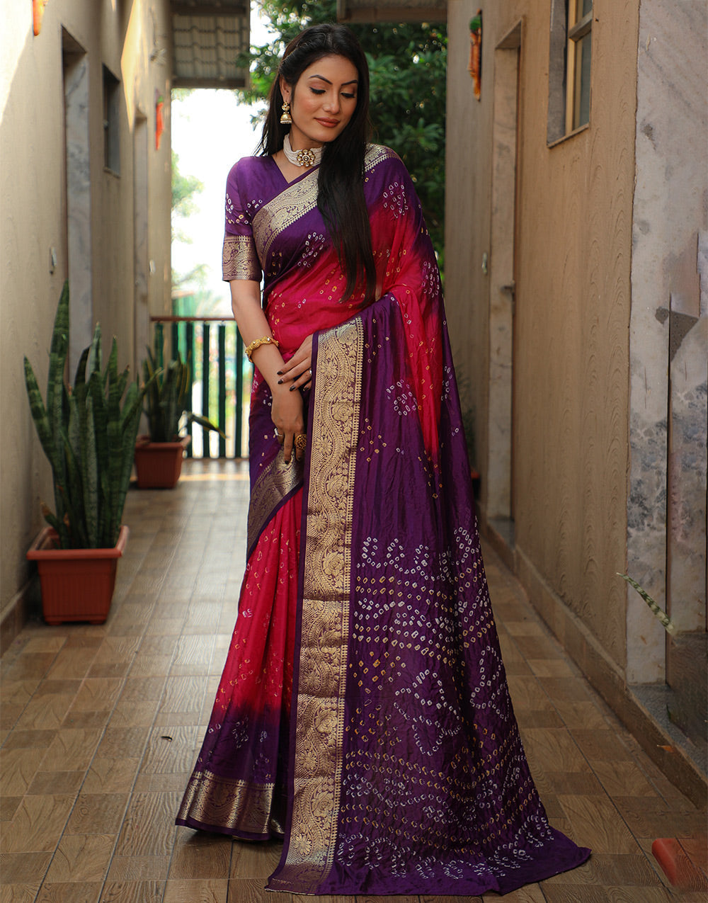 Eggplant Violet Bandhej Silk Saree With Weaving Work