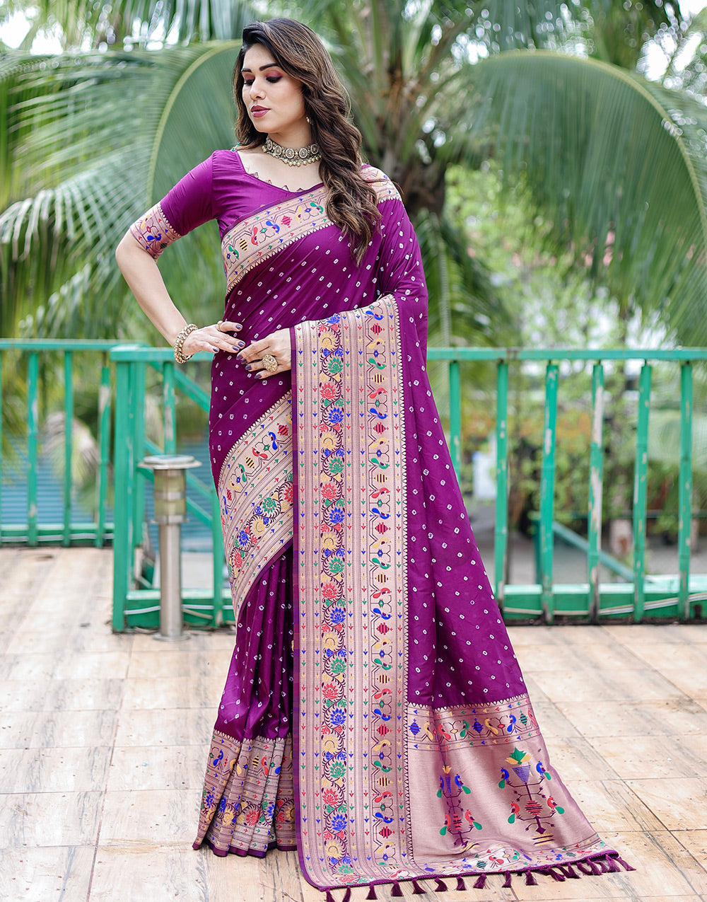 Dark Magenta Paithani Silk Bandhani Saree With Zari Weaving Work