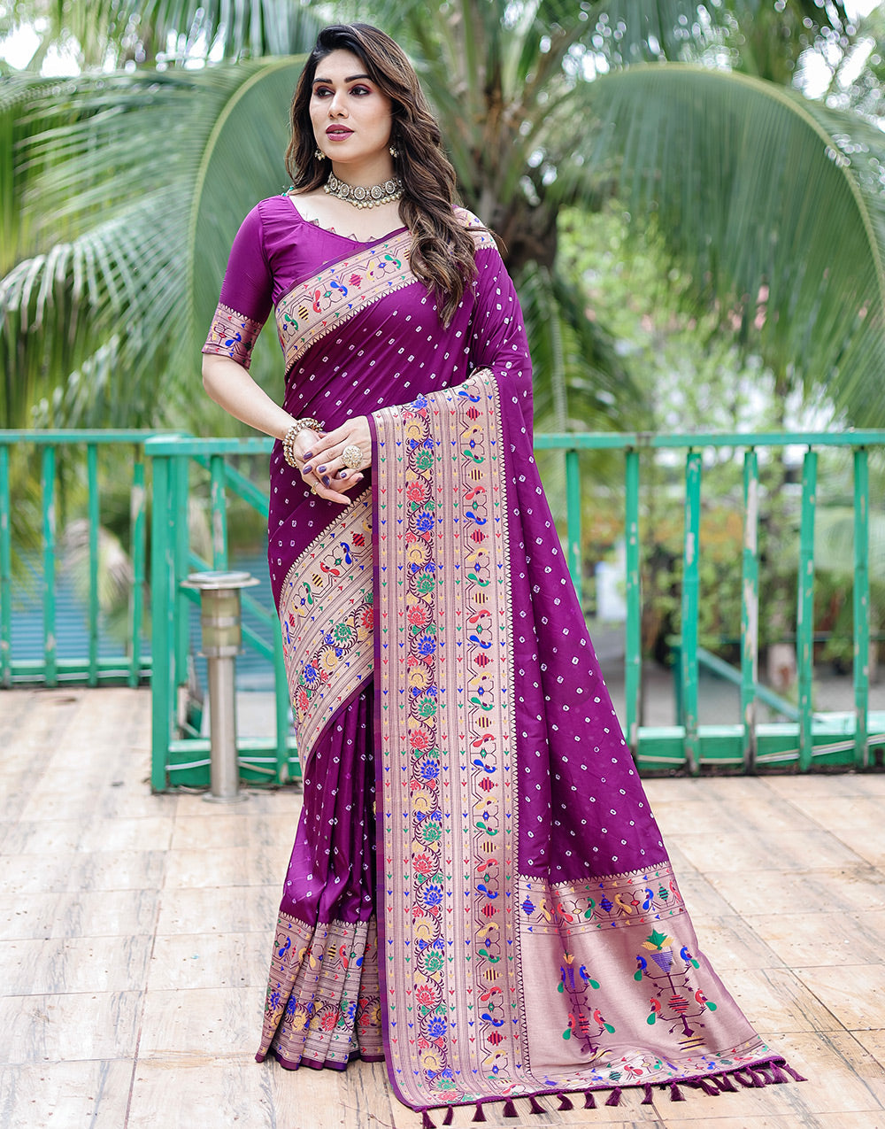 Dark Magenta Paithani Silk Bandhani Saree With Zari Weaving Work