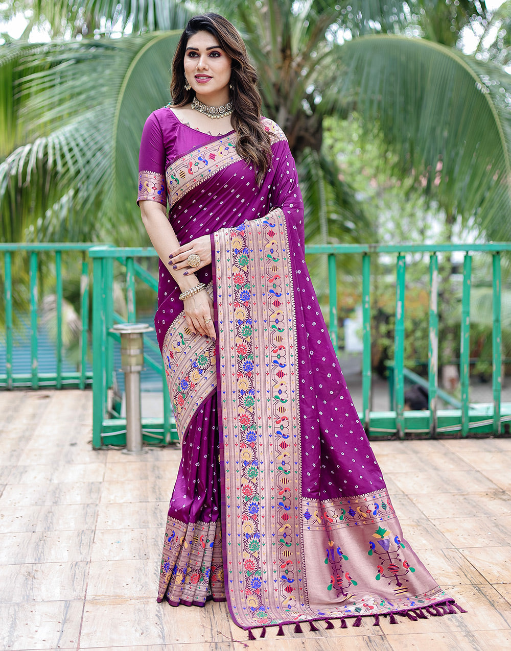 Dark Magenta Paithani Silk Bandhani Saree With Zari Weaving Work