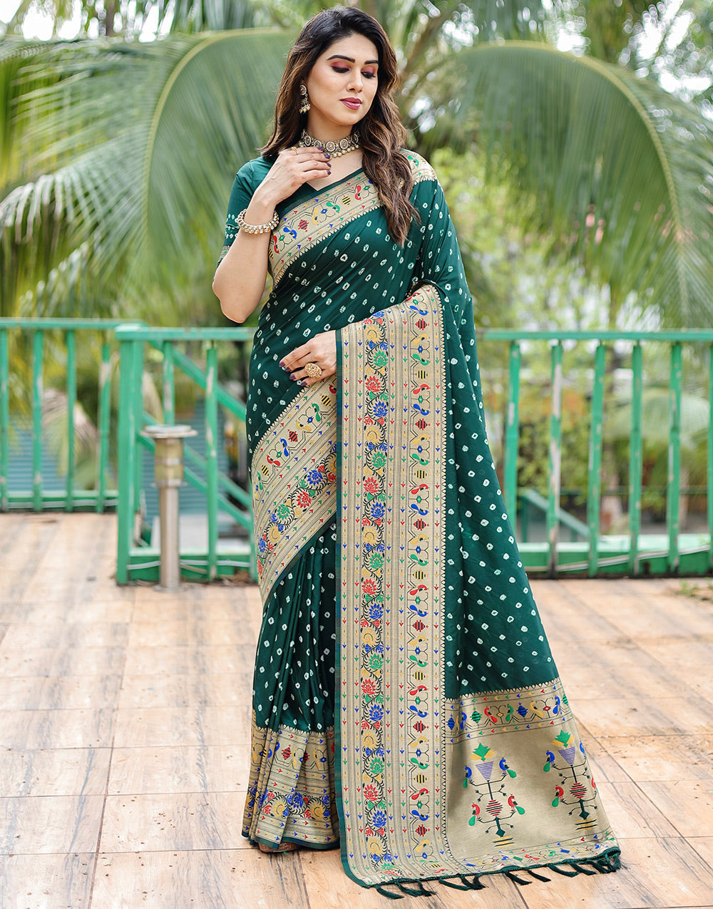 Dark Green Paithani Silk Bandhani Saree With Zari Weaving Work