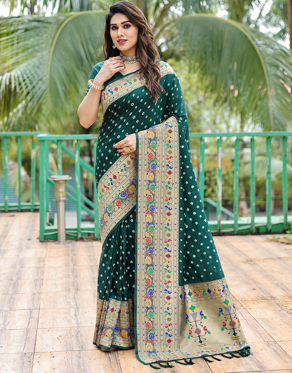 Dark Green Paithani Silk Bandhani Saree With Zari Weaving Work