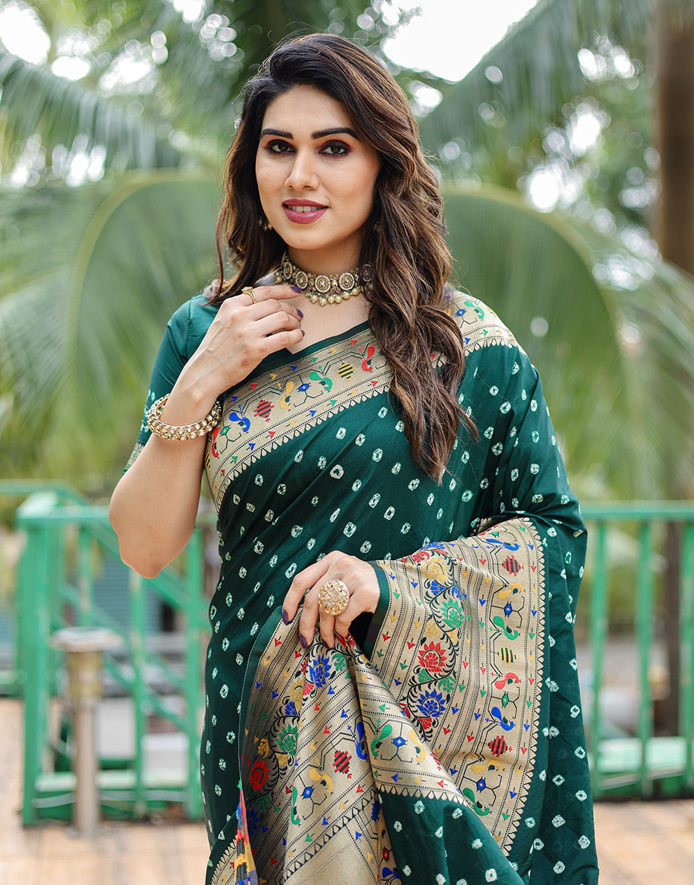 Dark Green Paithani Silk Bandhani Saree With Zari Weaving Work