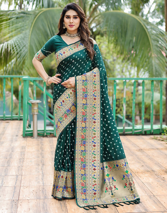 Dark Green Paithani Silk Bandhani Saree With Zari Weaving Work