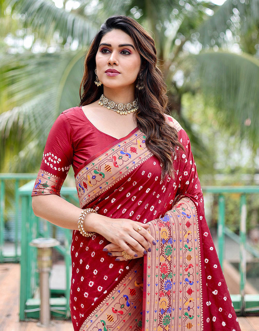 Maroon Paithani Silk Bandhani Saree With Zari Weaving Work