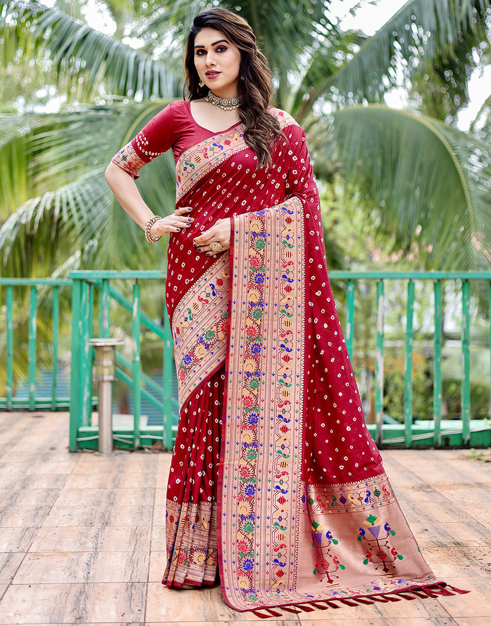 Maroon Paithani Silk Bandhani Saree With Zari Weaving Work