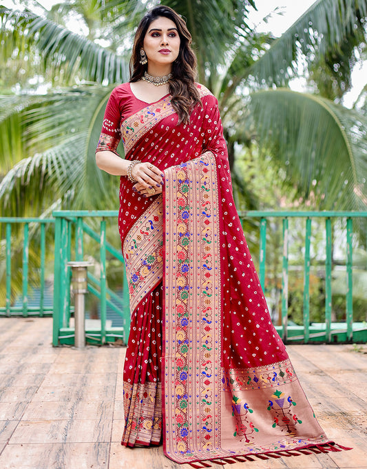 Maroon Paithani Silk Bandhani Saree With Zari Weaving Work