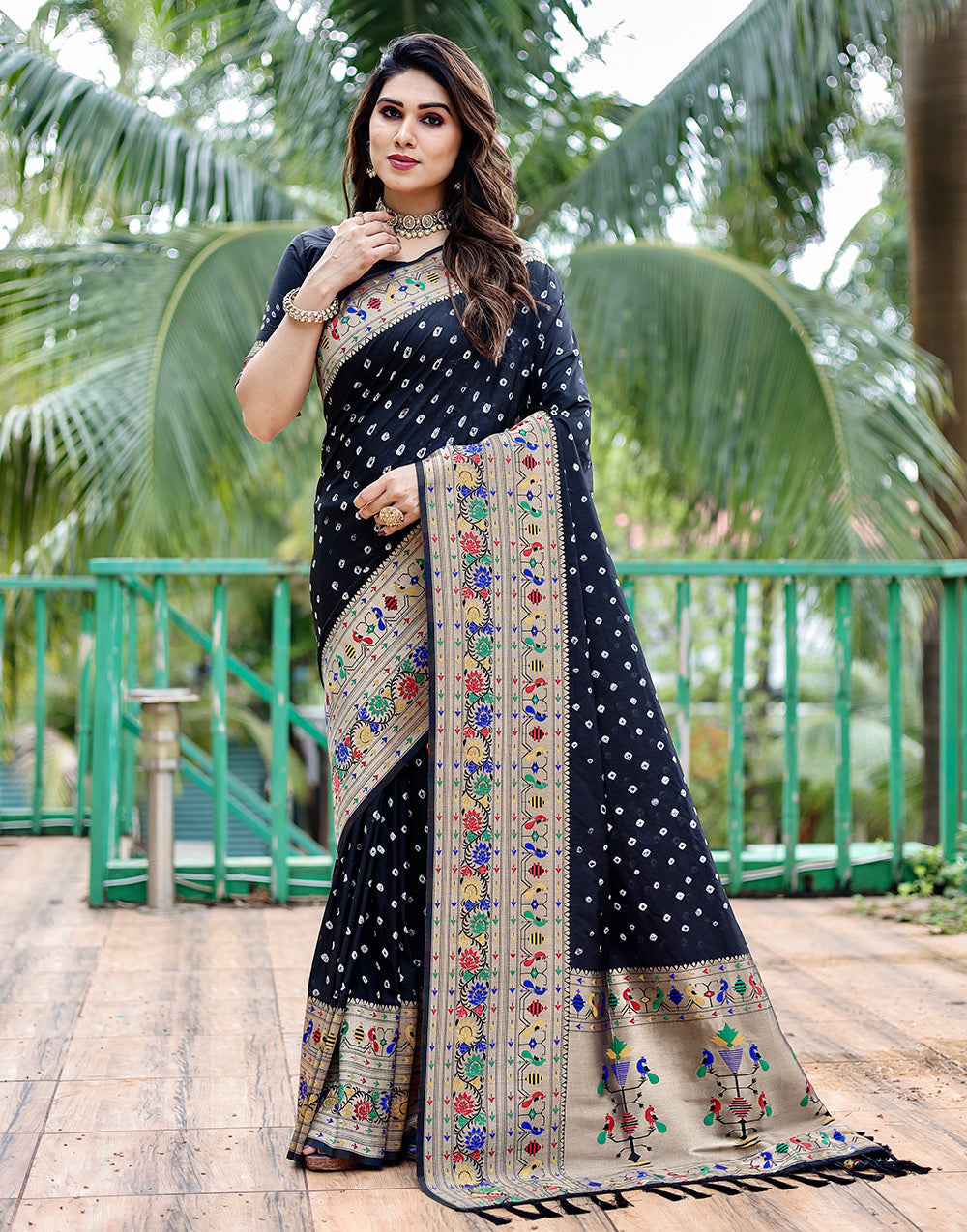 Black Paithani Silk Bandhani Saree With Zari Weaving Work