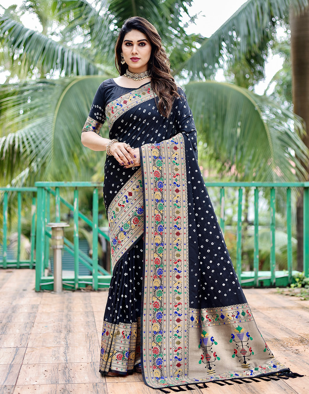 Black Paithani Silk Bandhani Saree With Zari Weaving Work