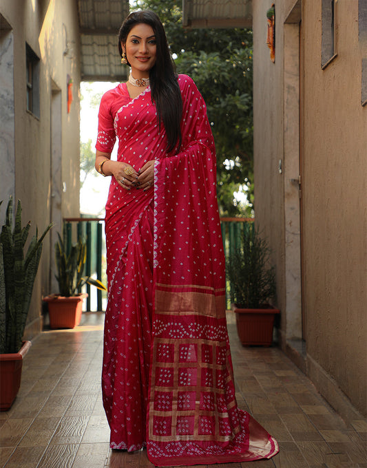 Dark Pink Bandhani Saree With Zari Weaving Work