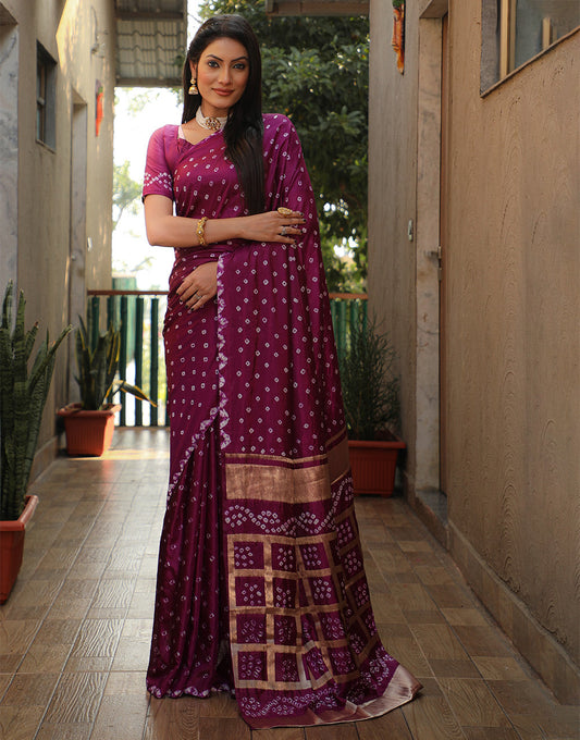 Dark Magenta Bandhani Saree With Zari Weaving Work