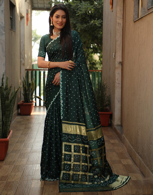 Dark Green Bandhani Saree With Zari Weaving Work