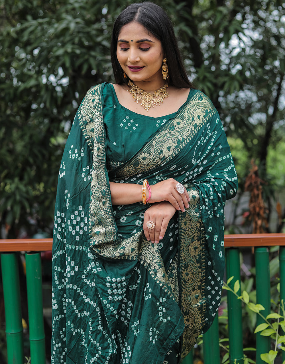 Castleton Green Hand Bandhej Bandhani Saree With Zari Weaving Work