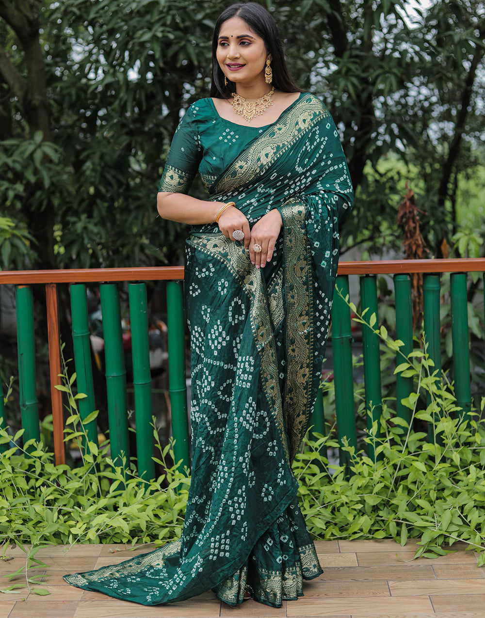 Castleton Green Hand Bandhej Bandhani Saree With Zari Weaving Work