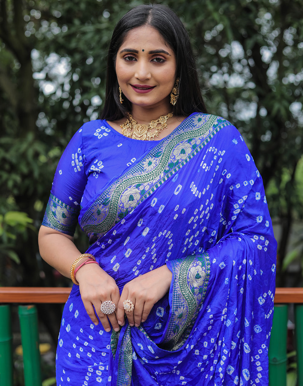 Blue Hand Bandhej Bandhani Saree With Zari Weaving Work