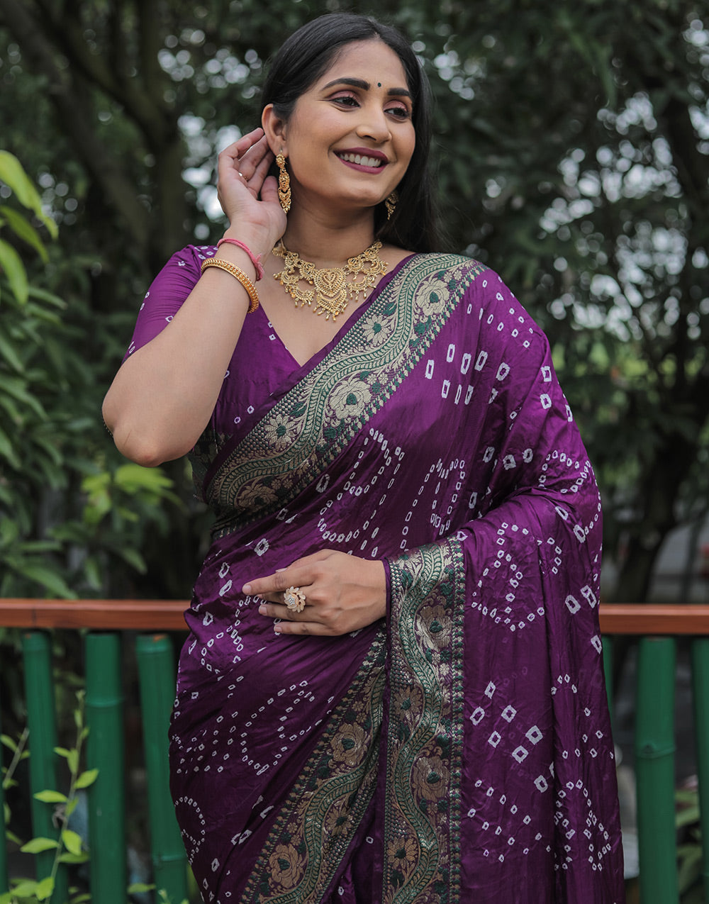 Eggplant Violet Hand Bandhej Bandhani Saree With Zari Weaving Work