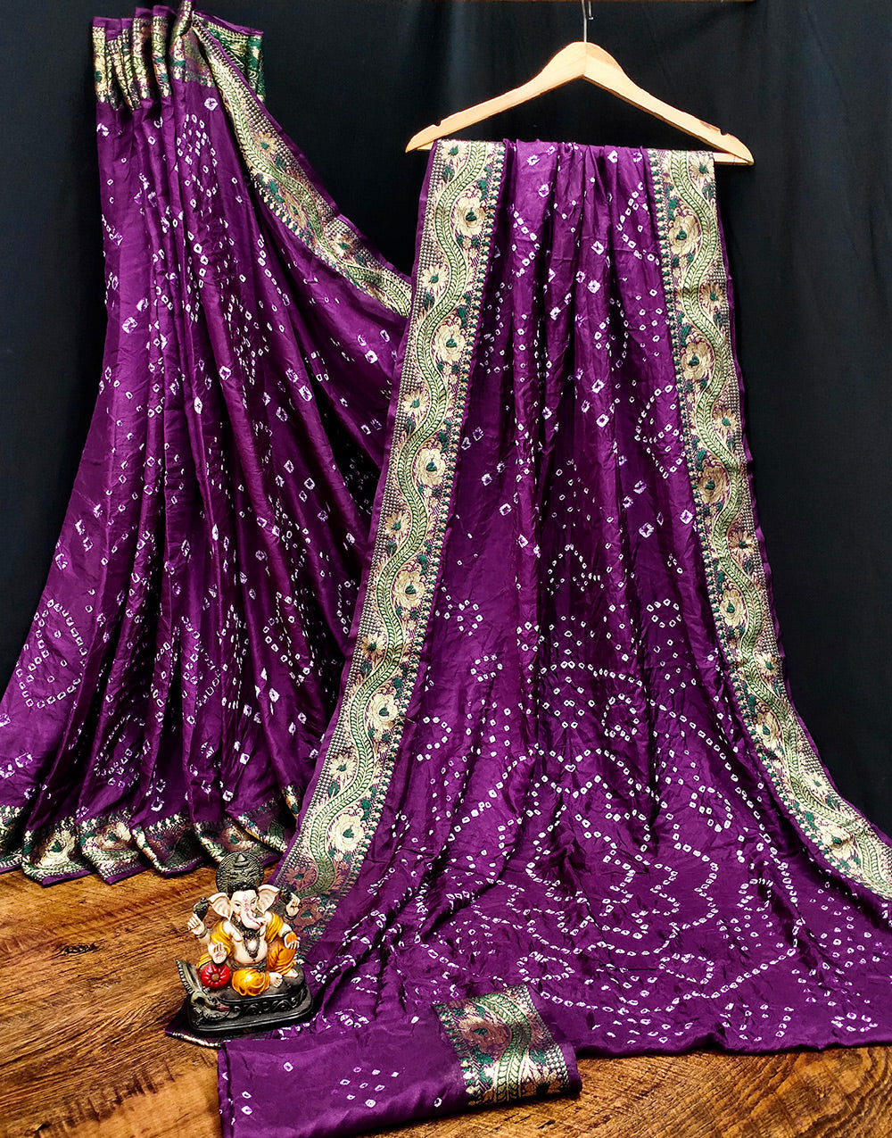 Eggplant Violet Hand Bandhej Bandhani Saree With Zari Weaving Work