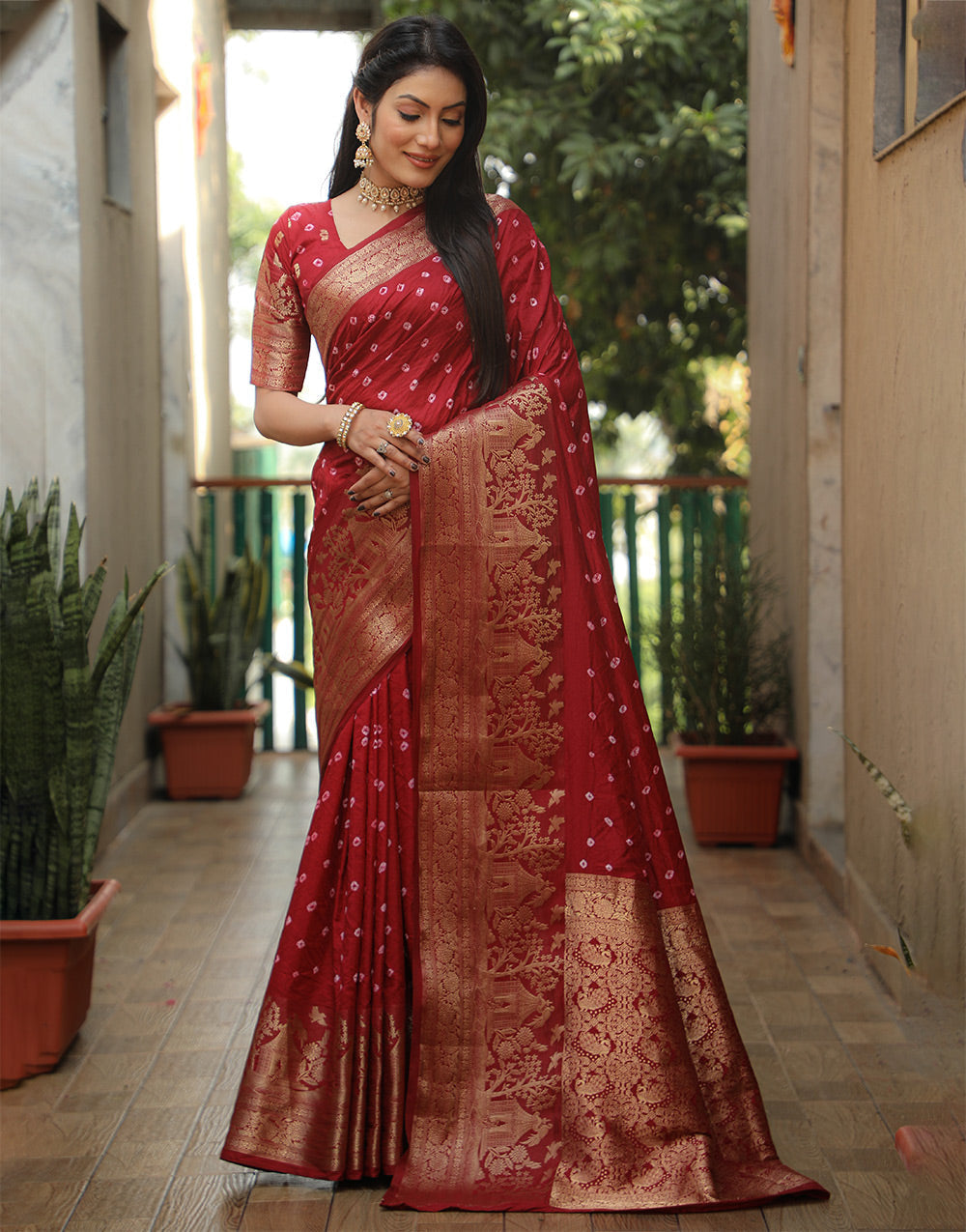 Currant Red Dola Silk Bandhani Saree With Zari Weaving Work