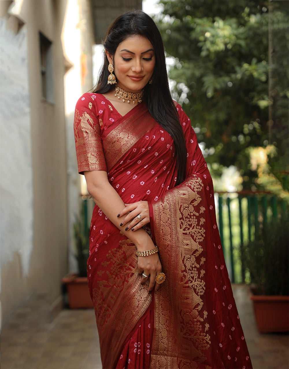 Currant Red Dola Silk Bandhani Saree With Zari Weaving Work