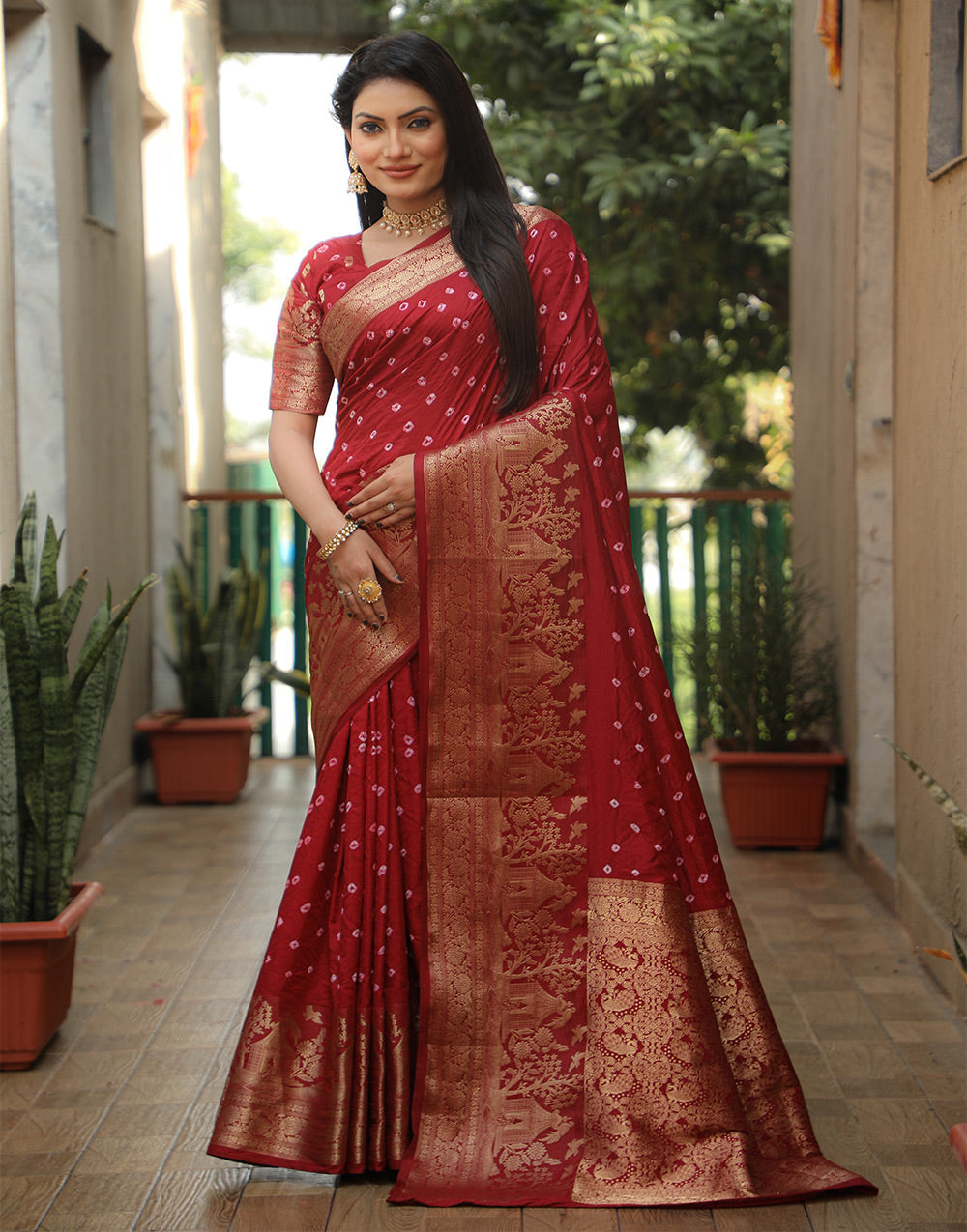 Currant Red Dola Silk Bandhani Saree With Zari Weaving Work