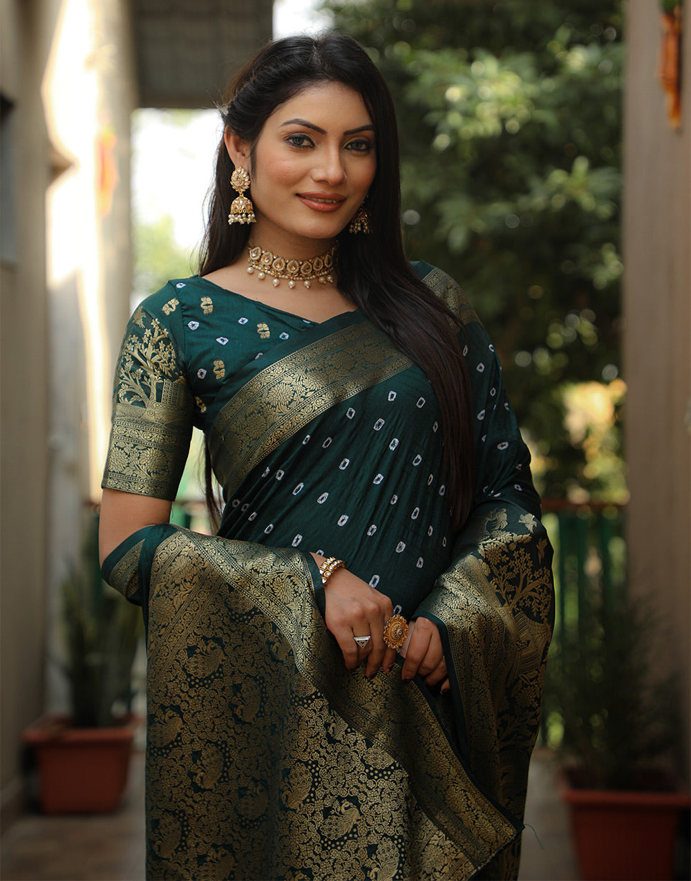 Dark Green Dola Silk Bandhani Saree With Zari Weaving Work