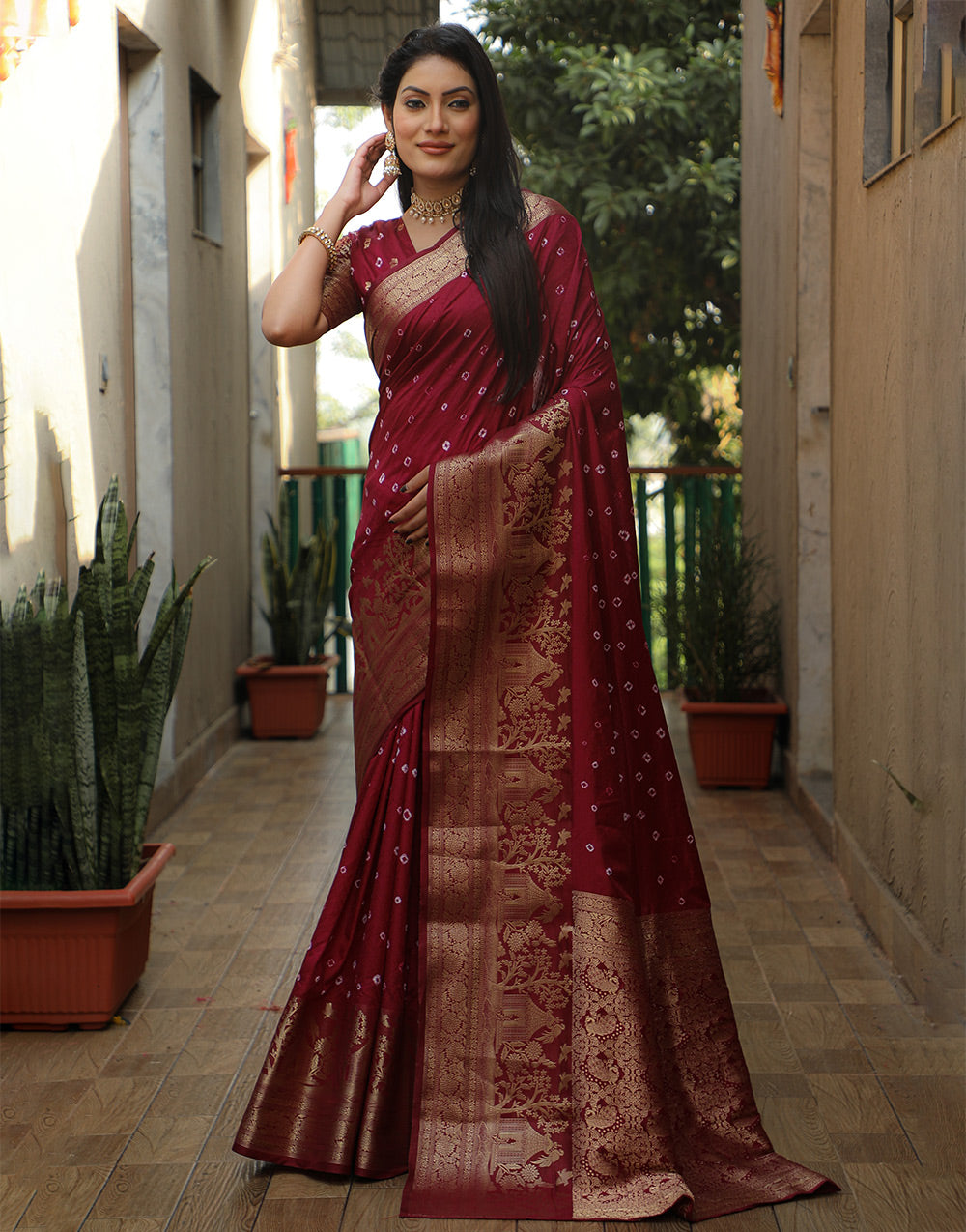 Maroon Dola Silk Bandhani Saree With Zari Weaving Work