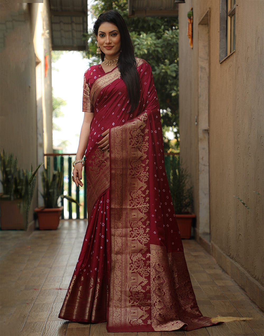 Maroon Dola Silk Bandhani Saree With Zari Weaving Work