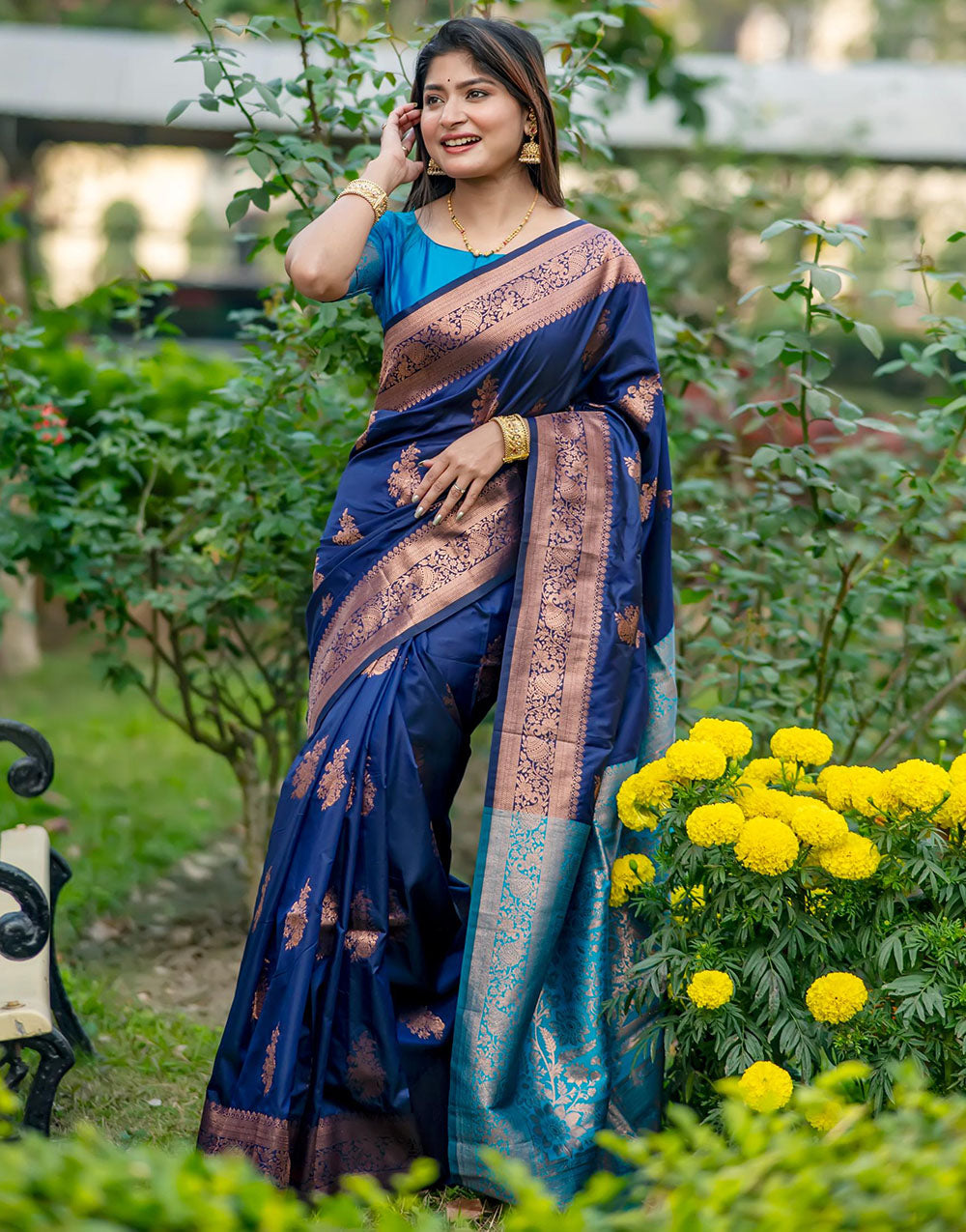 Navy Blue Soft Banarasi Silk Saree With Zari Weaving Work