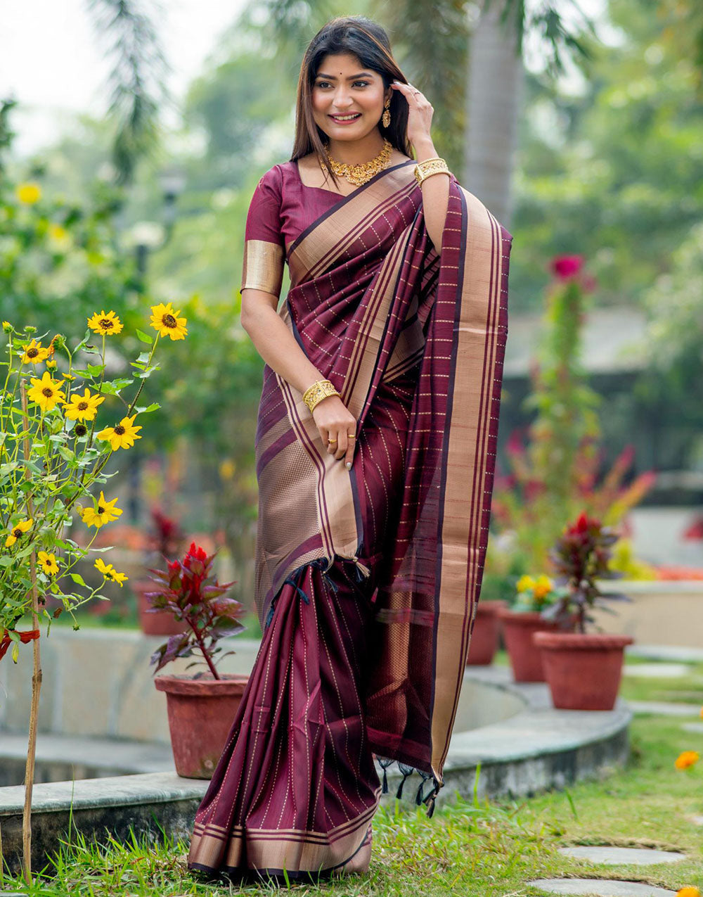 Athletic Maroon Soft Banarasi Raw Silk Saree With Zari Lining Weaving Work