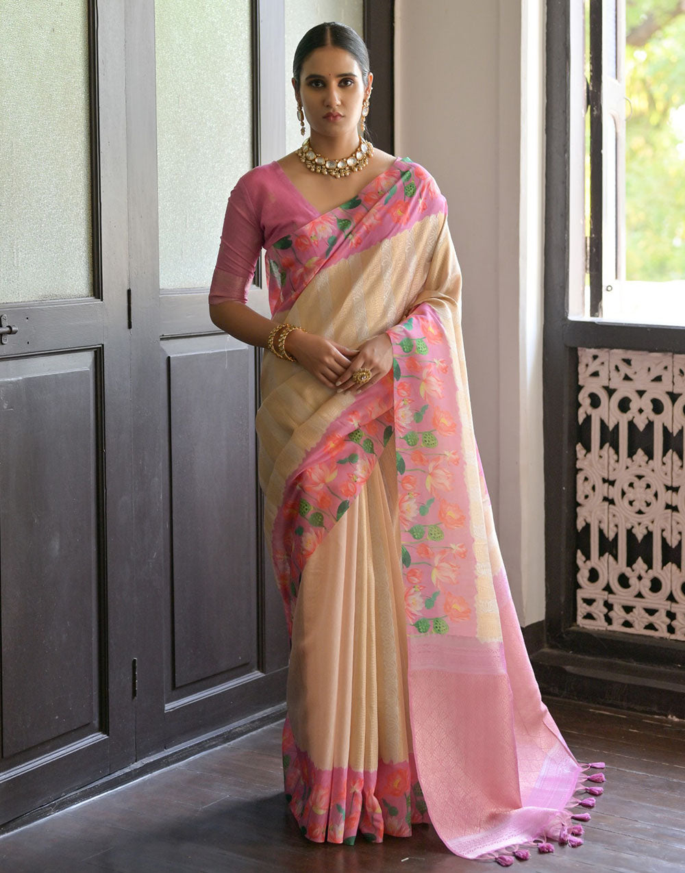 Baby Pink & Cream Soft Silk Saree With Flower Printed Work