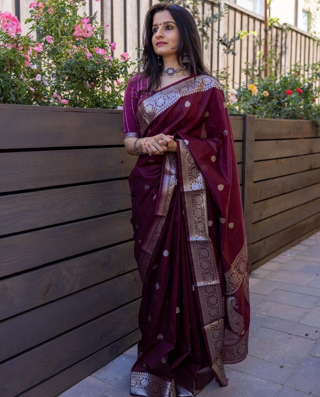 Efflorescence Maroon Soft Banarasi Silk Saree With Unique Blouse Piece