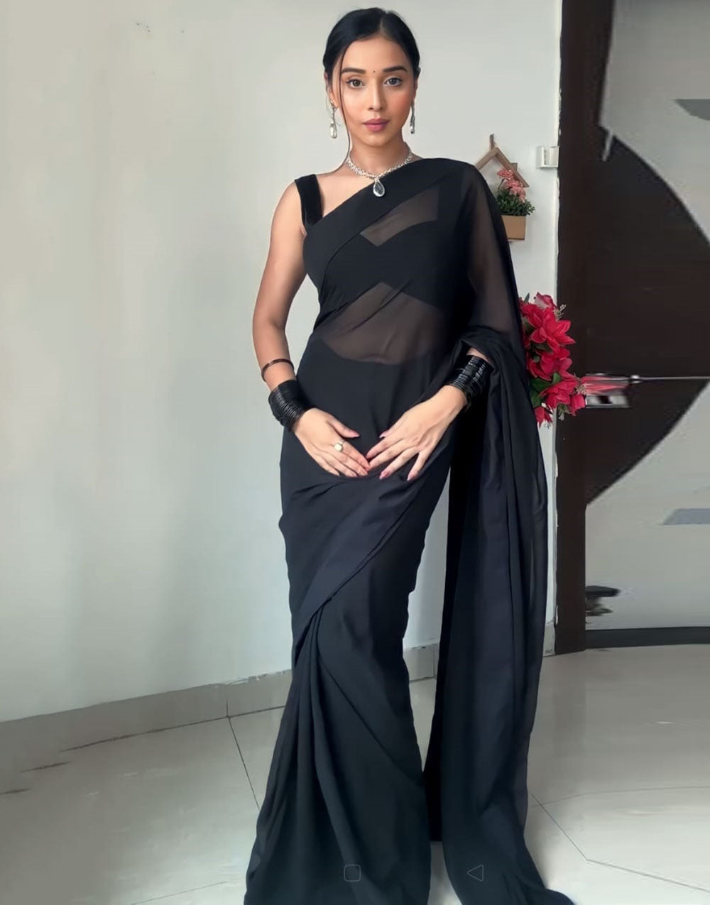 Black Georgette Ready To Wear Saree