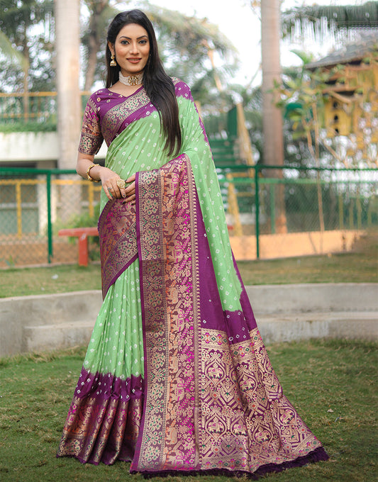 Mint Green Bandhej Kanjivaram Silk Saree With Weaving Work