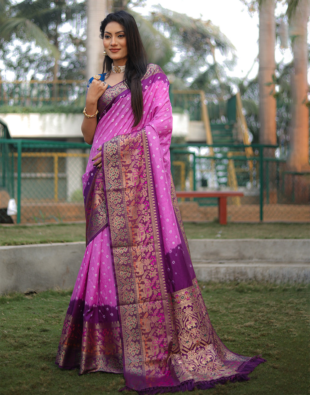 Neon Pink Bandhej Silk Saree With Weaving Work