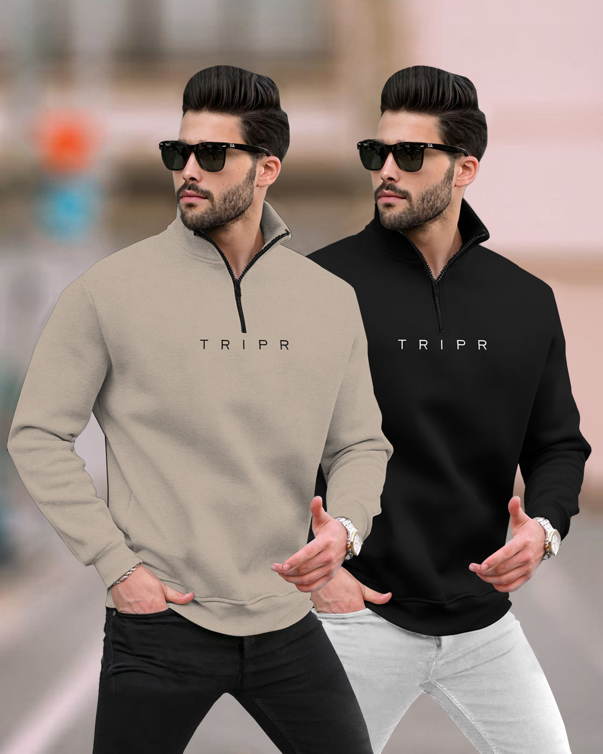 (Pack of 2) Mens Plain High Neck Sweatshirts / Beige & Black