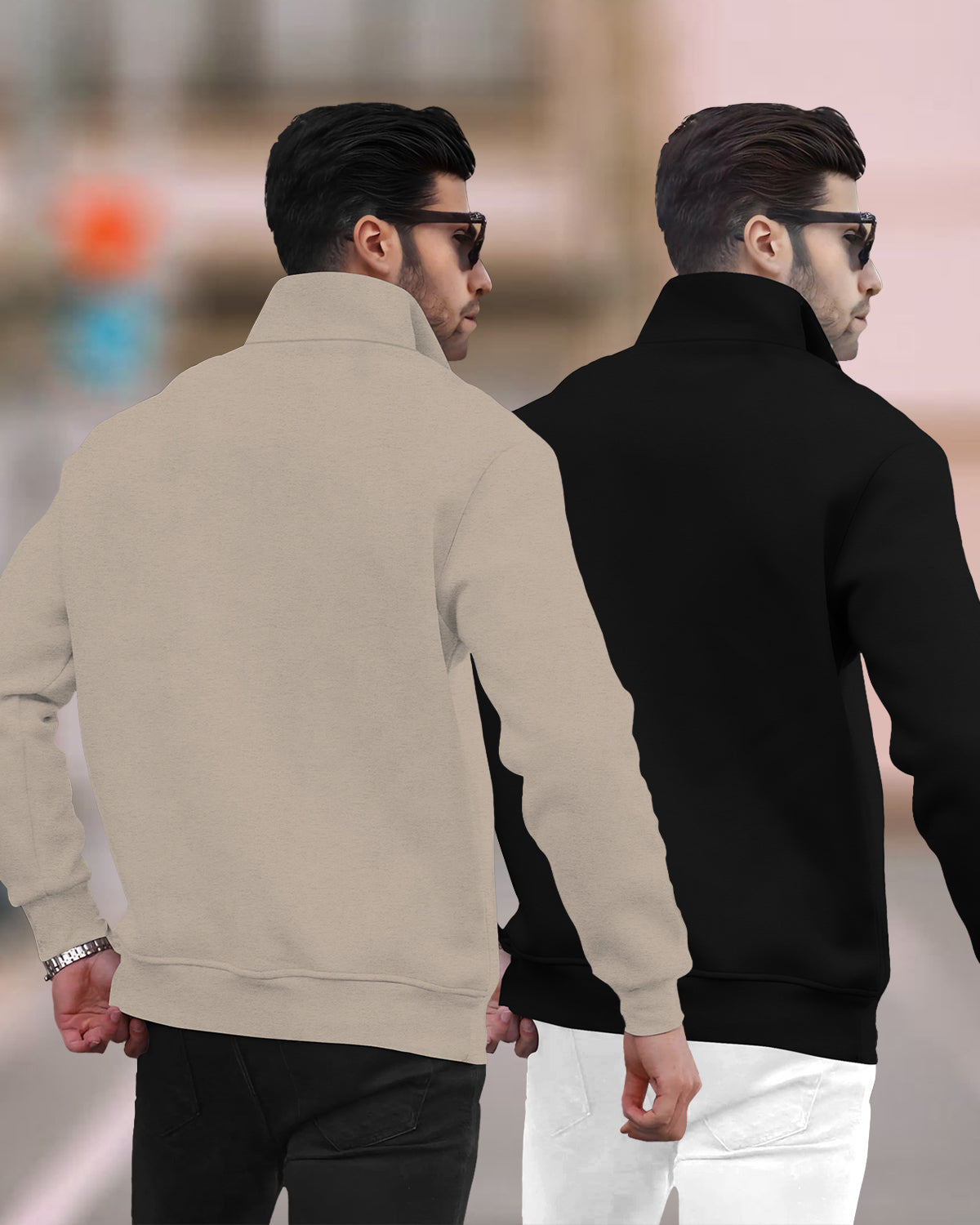 (Pack of 2) Mens Plain High Neck Sweatshirts / Beige & Black